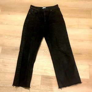 Zara Wide Leg High Rise Black Jeans Straight Leg Raw Hem Size 10
